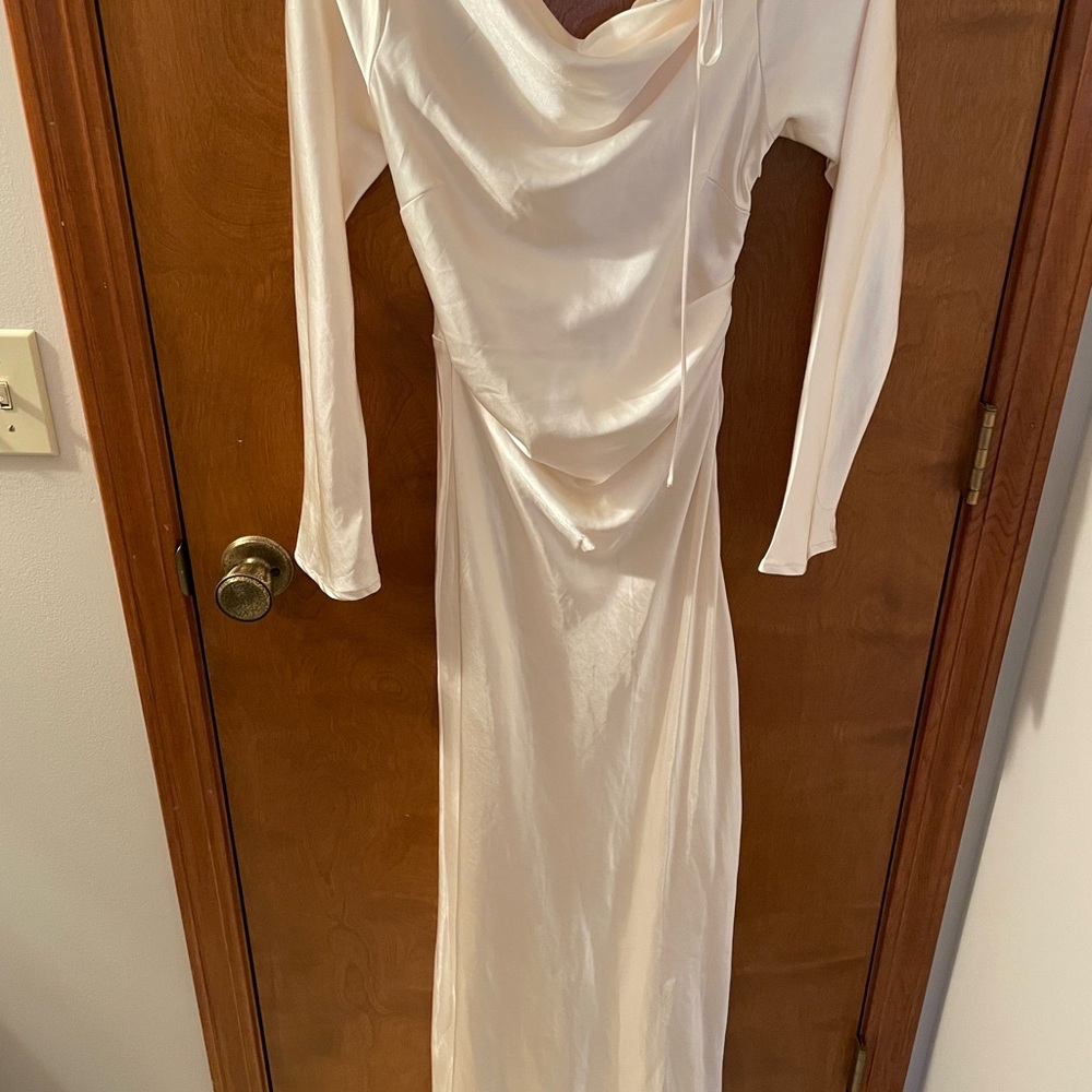 Selfie Leslie Long Sleeve Satin Maxi Dress in Ivory
